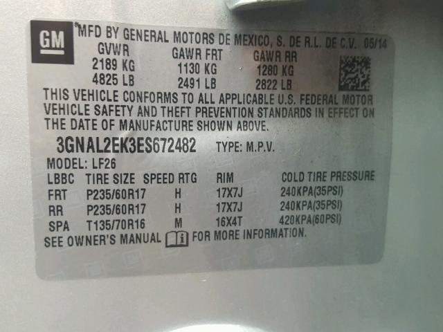 3GNAL2EK3ES672482 - 2014 CHEVROLET CAPTIVA LS 银色 照片 10