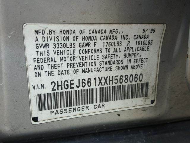 2HGEJ661XXH568060 - 1999 HONDA CIVIC BASE 银色 照片 10