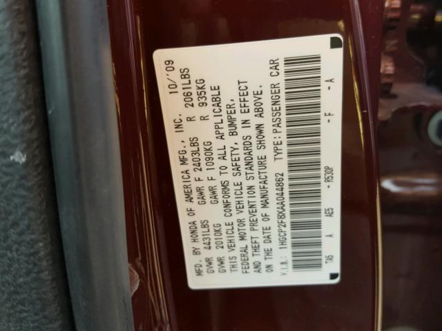 1HGCP2F8XAA044862 - 2010 HONDA ACCORD EXL BURGUNDY photo 10