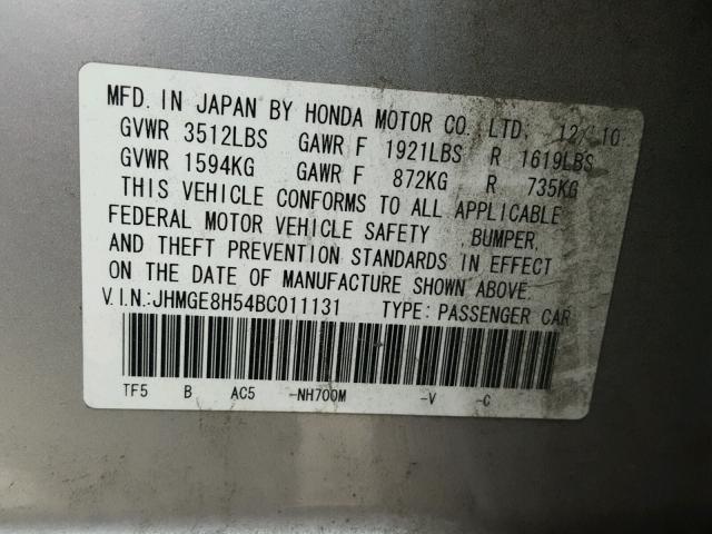 JHMGE8H54BC011131 - 2011 HONDA FIT SPORT SILVER photo 10