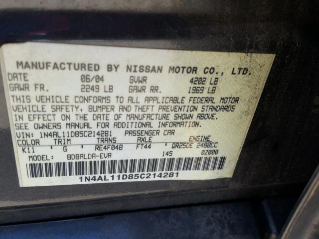 1N4AL11D85C214281 - 2005 NISSAN ALTIMA S GRAY photo 10