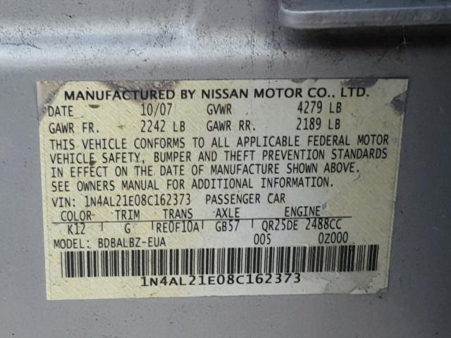 1N4AL21E08C162373 - 2008 NISSAN ALTIMA 2.5 SILVER photo 10