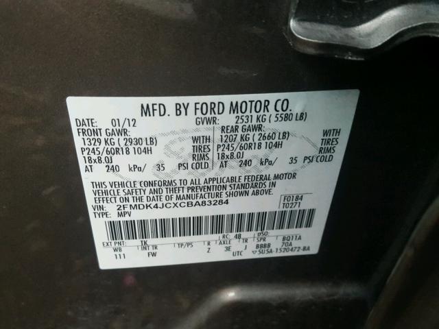 2FMDK4JCXCBA83284 - 2012 FORD EDGE SEL GRAY photo 10