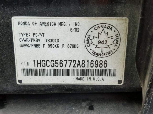 1HGCG56772A816986 - 2002 HONDA ACCORD SE BLACK photo 10