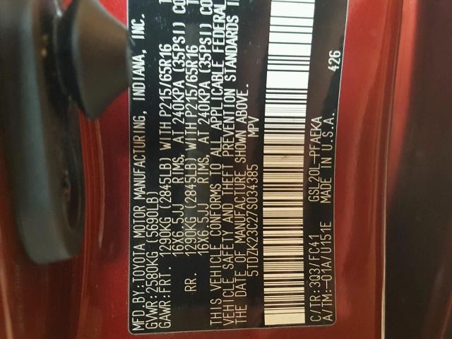 5TDZK23C27S034385 - 2007 TOYOTA SIENNA CE RED photo 10