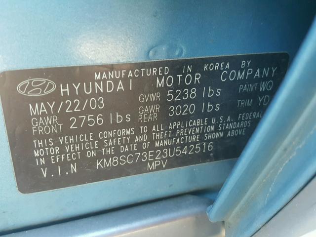 KM8SC73E23U542516 - 2003 HYUNDAI SANTA FE G BLUE photo 10