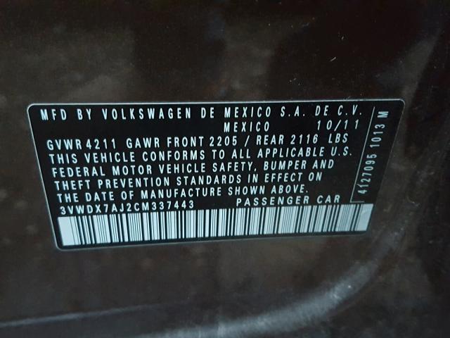 3VWDX7AJ2CM337443 - 2012 VOLKSWAGEN JETTA SE 棕色 照片 10