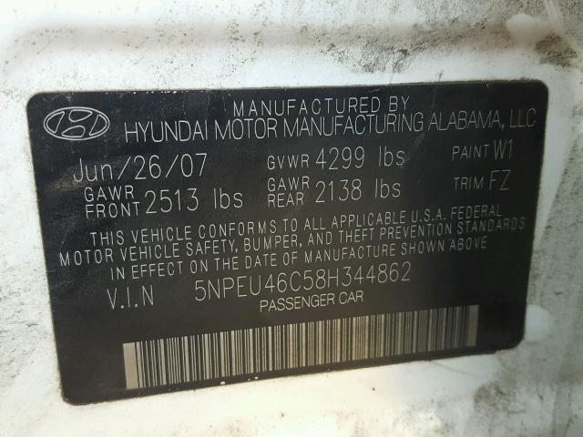 5NPEU46C58H344862 - 2008 HYUNDAI SONATA SE WHITE photo 10