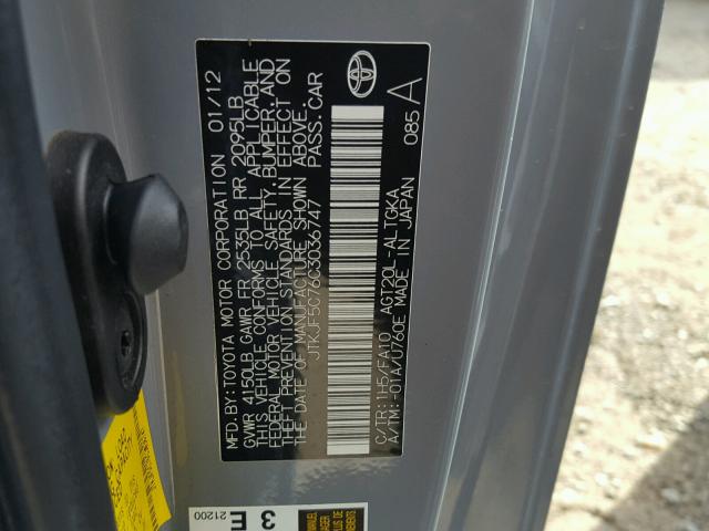 JTKJF5C76C3036747 - 2012 TOYOTA SCION TC 灰色 照片 10