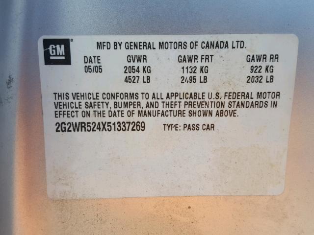 2G2WR524X51337269 - 2005 PONTIAC GRAND PRIX SILVER photo 10