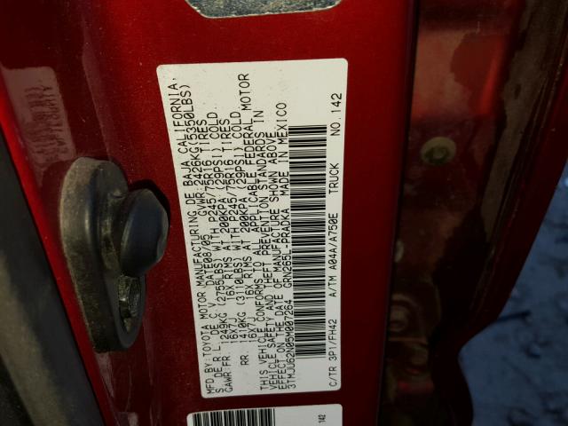 3TMJU62N05M007264 - 2005 TOYOTA TACOMA DOU BURGUNDY photo 10