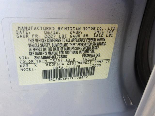 3N1AB6AP4CL778857 - 2012 NISSAN SENTRA 2.0 SILVER photo 10