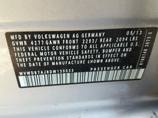 WVWDB7AJ8DW139033 - 2013 VOLKSWAGEN GOLF 银色 照片 10