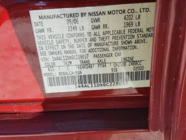 1N4AL11DX6C229057 - 2006 NISSAN ALTIMA S RED photo 10