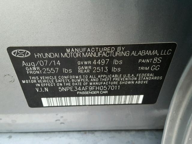 5NPE34AF9FH057011 - 2015 HYUNDAI SONATA SPO BLUE photo 10