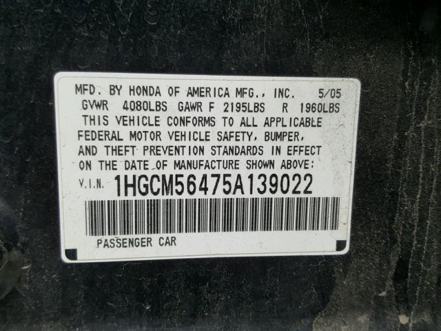 1HGCM56475A139022 - 2005 HONDA ACCORD LX BLACK photo 10