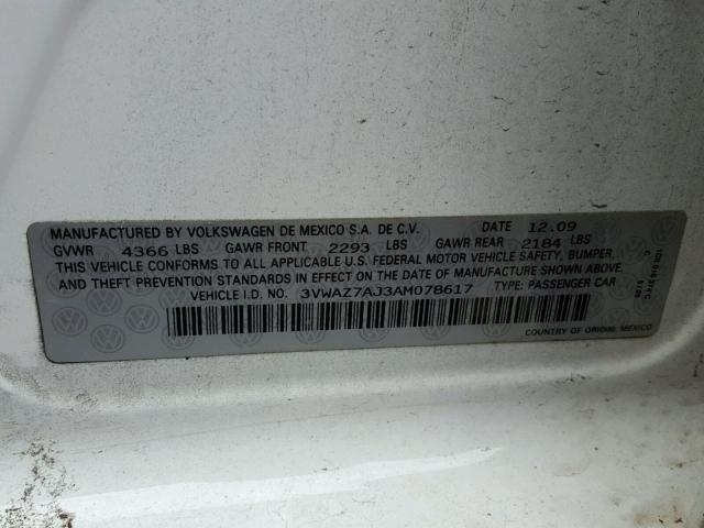 3VWAZ7AJ3AM078617 - 2010 VOLKSWAGEN JETTA LIMI WHITE photo 10
