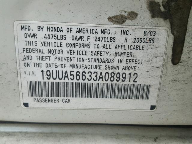 19UUA56633A089912 - 2003 ACURA 3.2TL WHITE photo 10