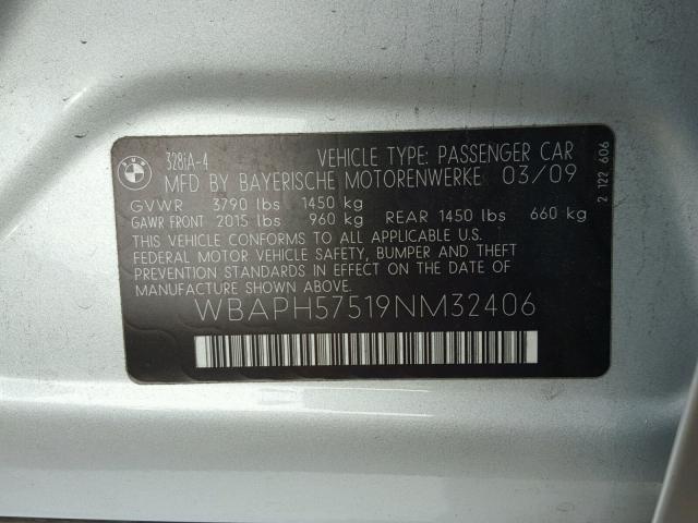 WBAPH57519NM32406 - 2009 BMW 328 I SULE SILVER photo 10