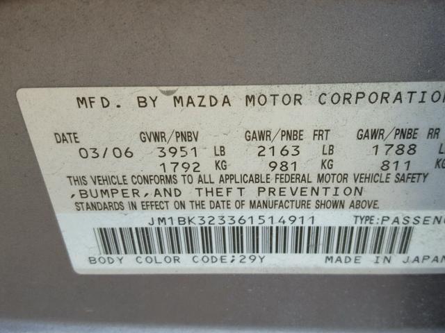 JM1BK323361514911 - 2006 MAZDA 3 S GRAY photo 10