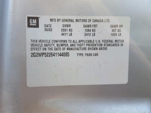 2G2WP522641144085 - 2004 PONTIAC GRAND PRIX ვერცხლისფერი ფოტო 10