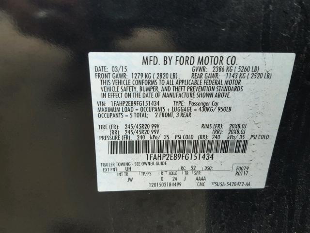 1FAHP2E89FG151434 - 2015 FORD TAURUS SEL BLACK photo 10