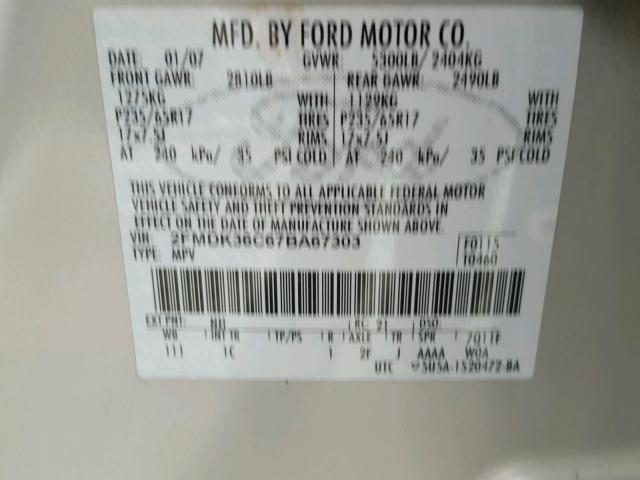 2FMDK36C67BA67303 - 2007 FORD EDGE SE CREAM photo 10