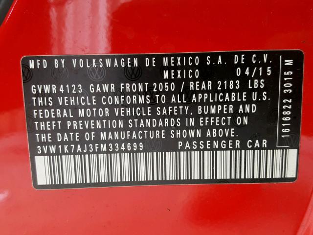 3VW1K7AJ3FM334699 - 2015 VOLKSWAGEN JETTA BASE RED photo 10