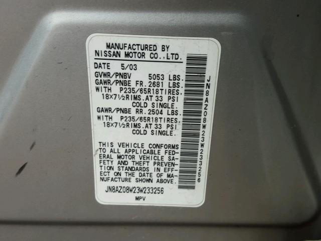 JN8AZ08W23W233256 - 2003 NISSAN MURANO SL SILVER photo 10