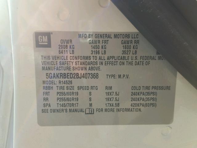 5GAKRBED2BJ407368 - 2011 BUICK ENCLAVE CX WHITE photo 10