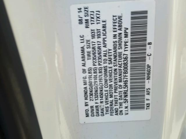 5FNRL5H67FB008367 - 2015 HONDA ODYSSEY EX WHITE photo 10