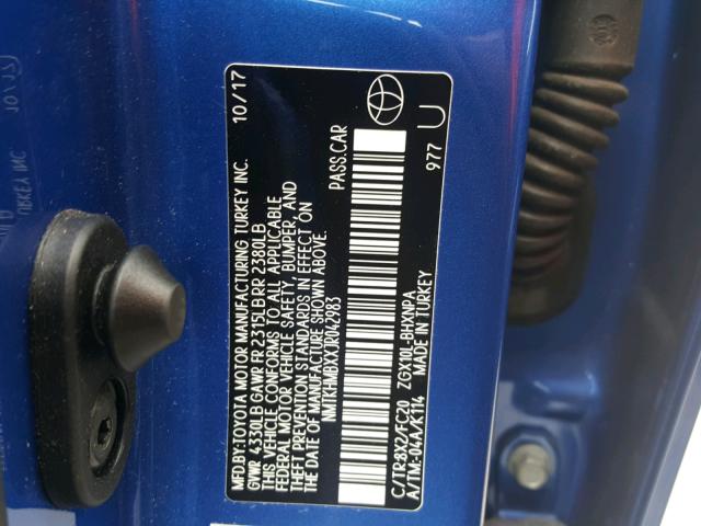 NMTKHMBXXJR007389 - 2018 TOYOTA C-HR XLE BLUE photo 10