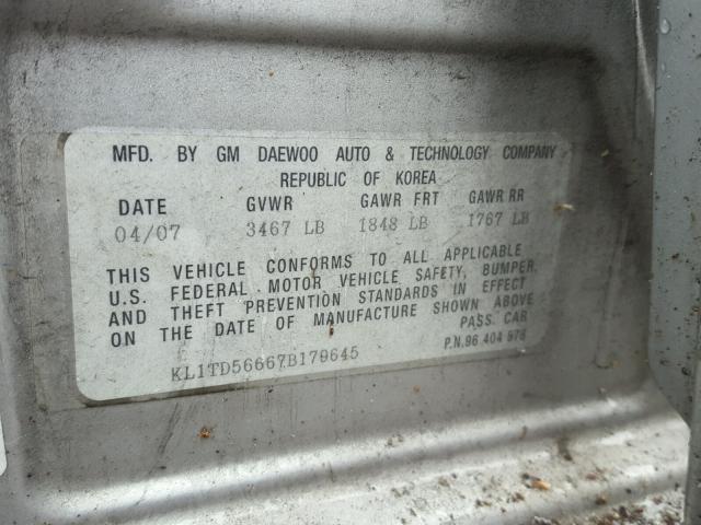 KL1TD56667B179645 - 2007 CHEVROLET AVEO BASE ვერცხლისფერი ფოტო 10