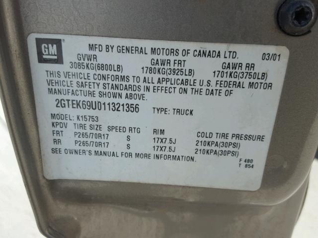 2GTEK69U011321356 - 2001 GMC SIERRA K15 BEIGE photo 10