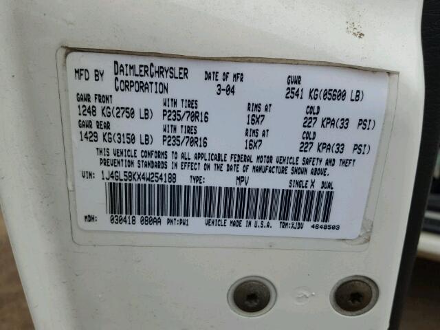 1J4GL58KX4W254188 - 2004 JEEP LIBERTY LI WHITE photo 10