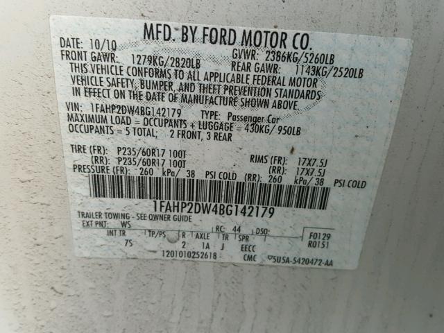 1FAHP2DW4BG142179 - 2011 FORD TAURUS SE WHITE photo 10