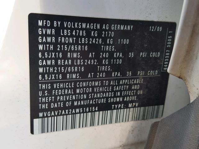 WVGAV7AX2AW516154 - 2010 VOLKSWAGEN TIGUAN S WHITE photo 10