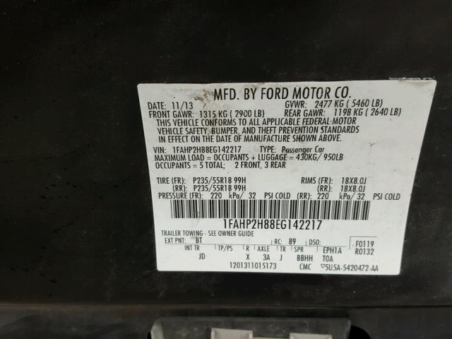 1FAHP2H88EG142217 - 2014 FORD TAURUS SEL BLACK photo 10