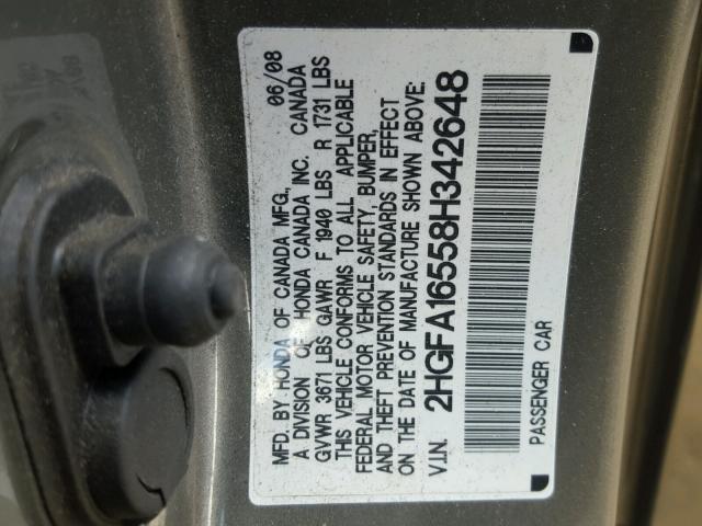 2HGFA16558H342648 - 2008 HONDA CIVIC LX CHARCOAL photo 10