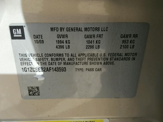 1G1ZC5EB2AF143593 - 2010 CHEVROLET MALIBU 1LT 金色 照片 10