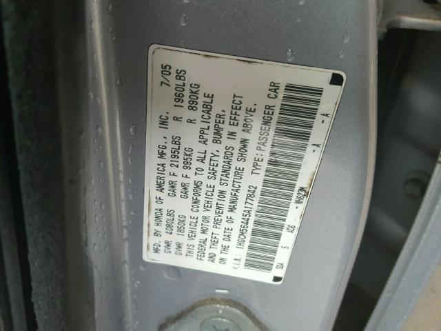 1HGCM56445A177842 - 2005 HONDA ACCORD LX SILVER photo 10