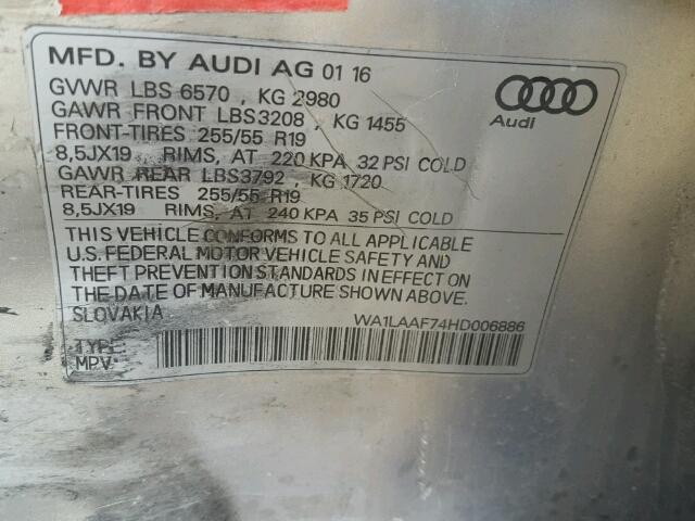 WA1LAAF74HD006886 - 2017 AUDI Q7 PREMIUM SILVER photo 10