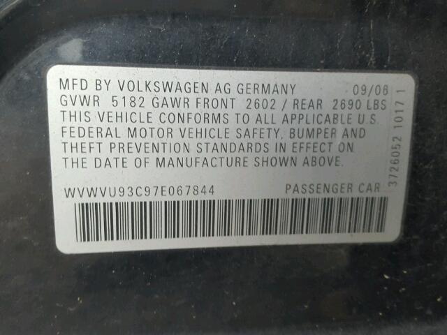 WVWVU93C97E067844 - 2007 VOLKSWAGEN PASSAT 3.6 BLACK photo 10