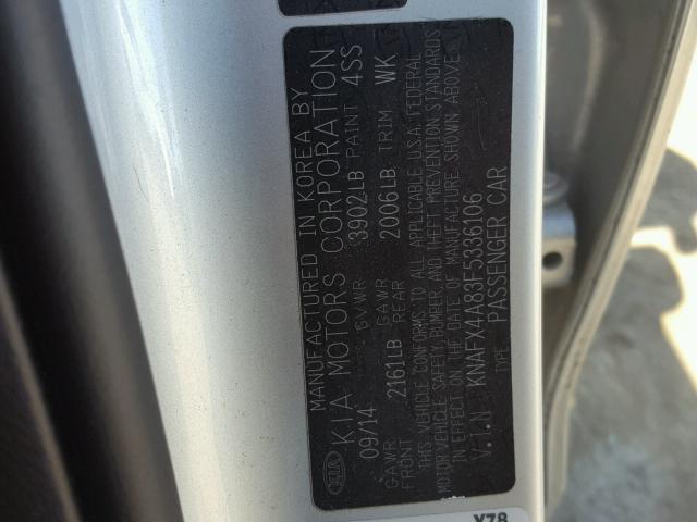 KNAFX4A83F5336106 - 2015 KIA FORTE EX SILVER photo 10