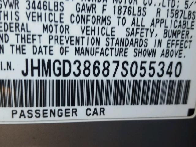 JHMGD38687S055340 - 2007 HONDA FIT S SILVER photo 10