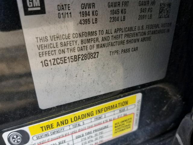 1G1ZC5E15BF280827 - 2011 CHEVROLET MALIBU 1LT BLACK photo 10