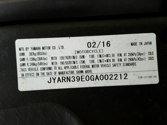 JYARN39E0GA002212 - 2016 YAMAHA YZFR1 BLACK photo 10