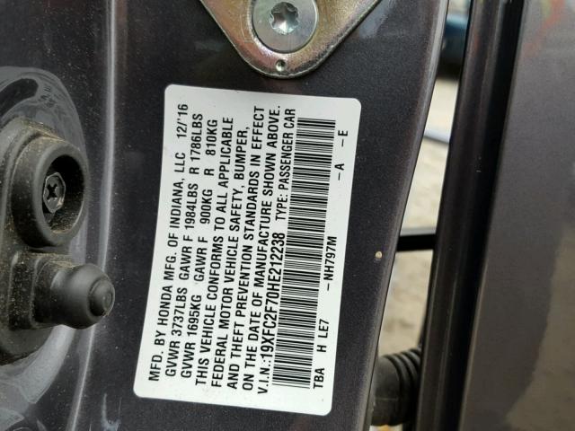 19XFC2F70HE212238 - 2017 HONDA CIVIC EX GRAY photo 10