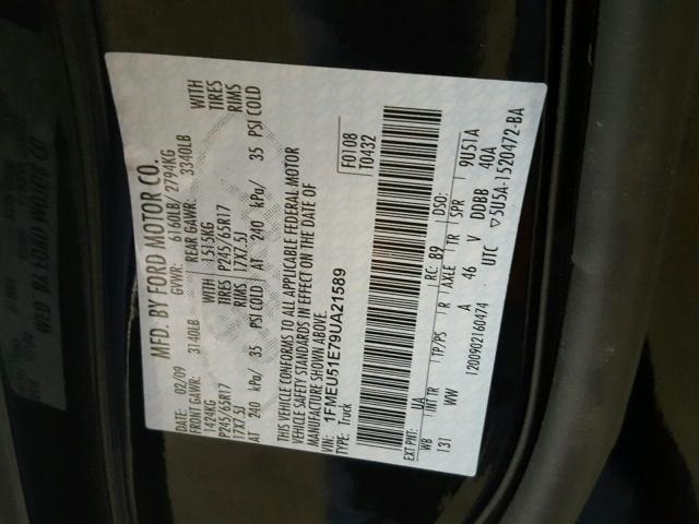 1FMEU51E79UA21589 - 2009 FORD EXPLORER S BLACK photo 10