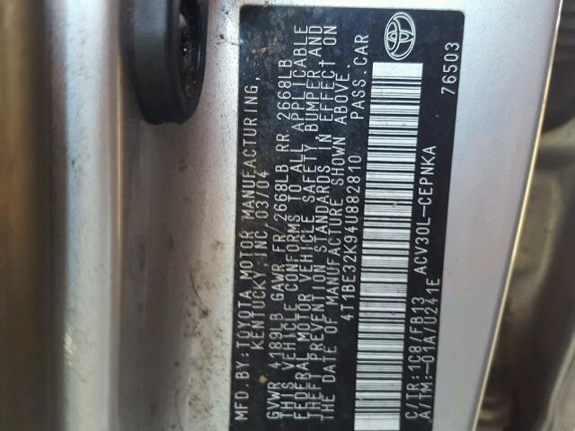 4T1BE32K94U882810 - 2004 TOYOTA CAMRY LE ვერცხლისფერი ფოტო 10